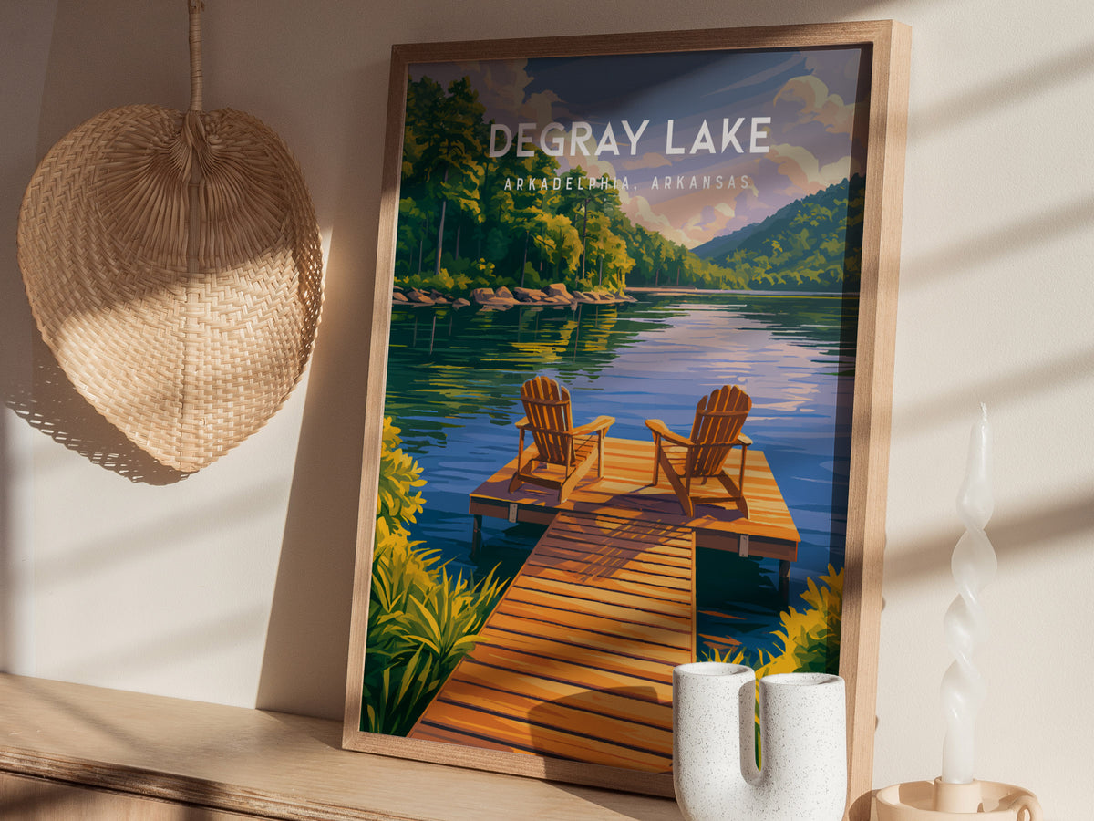 DeGray Lake, Arkadelphia, Arkansas Poster | Lakeside Serenity Travel Wall Art — styled in a modern interior