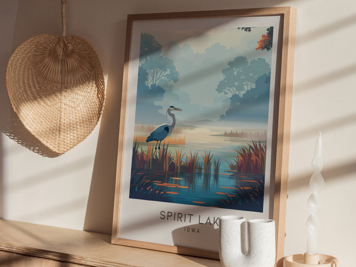 Spirit Lake Matte Border Poster | Iowa Travel Wall Art — styled in a modern interior