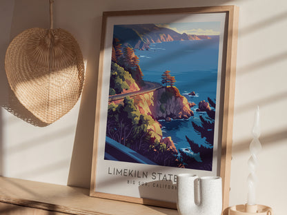 Limekiln State Park Matte Border Poster | Big Sur, California Travel Wall Art — styled in a modern interior