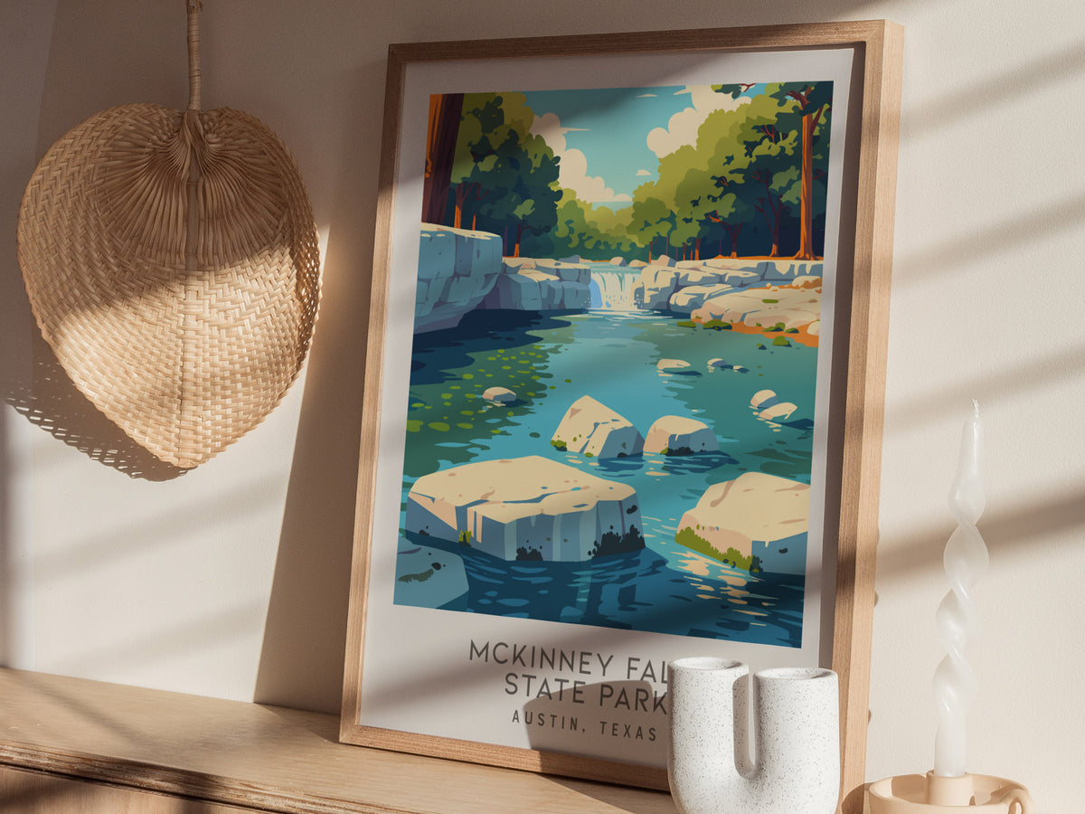 McKinney Falls State Park Matte Border Poster | Austin, Texas Destination Print Travel Wall Art — styled in a modern interior