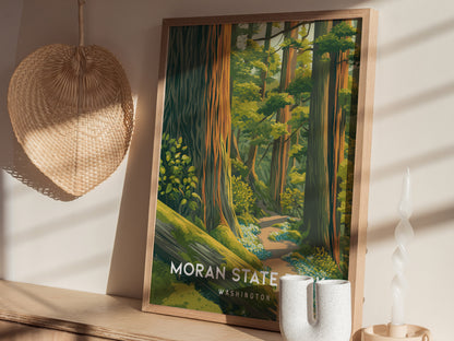 Moran State Park, Washington Poster | Mountain Lake & Evergreen Forest Wall Art — styled in a modern interior