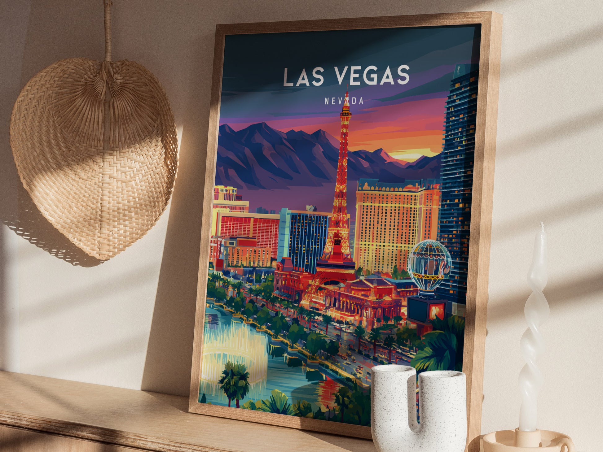 Las Vegas, Nevada Poster | Neon Lights & Desert Skyline Wall Art — styled in a modern interior
