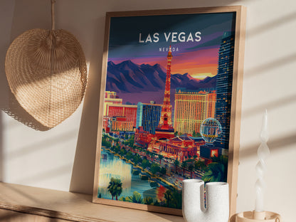 Las Vegas, Nevada Poster | Neon Lights & Desert Skyline Wall Art — styled in a modern interior