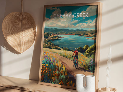 Cherry Creek, Aurora, Colorado Poster | Lakeside Retreat Framed or Unframed Wall Art — styled in a modern interior
