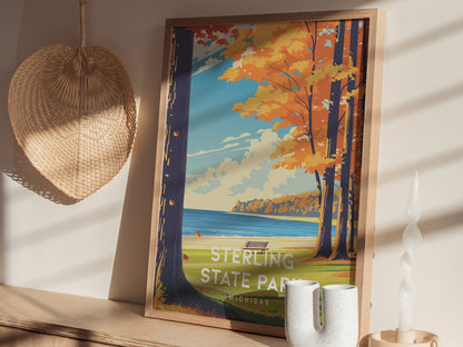 Sterling State Park, Michigan Poster | Lakeside Marshland & Sunset Wall Art — styled in a modern interior