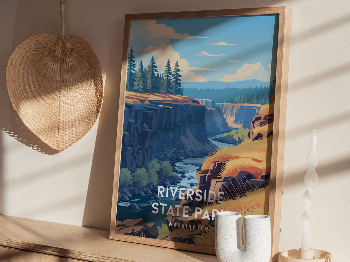 Riverside State Park, Washington Poster | Scenic River Trail Destination Print Wall Art — styled in a modern interior