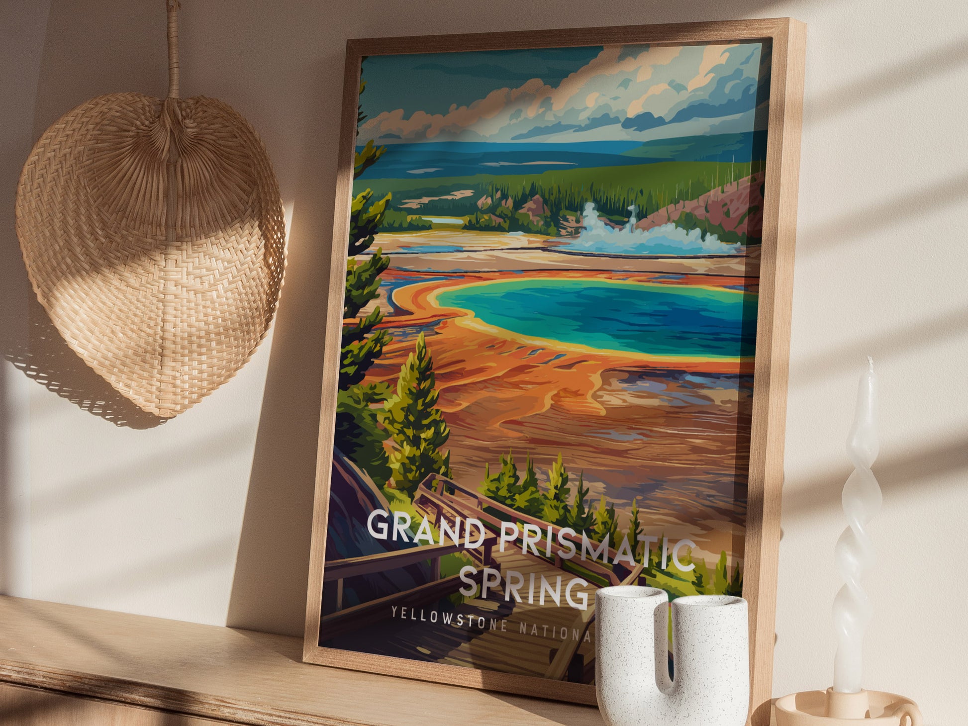 Grand Prismatic Spring, Yellowstone National Park Poster | Geothermal Wonder Travel Wall Art — styled in a modern interior