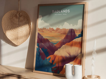 A framed Badlands National Park poster showcasing colorful rock formations is displayed on a wooden shelf, alongside a woven basket, a white ceramic vase, and a twisted candle.