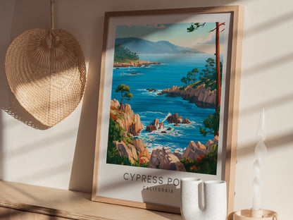 Cypress Point Matte Border Poster | California Vacation Wall Art Beach House Decor — styled in a modern interior