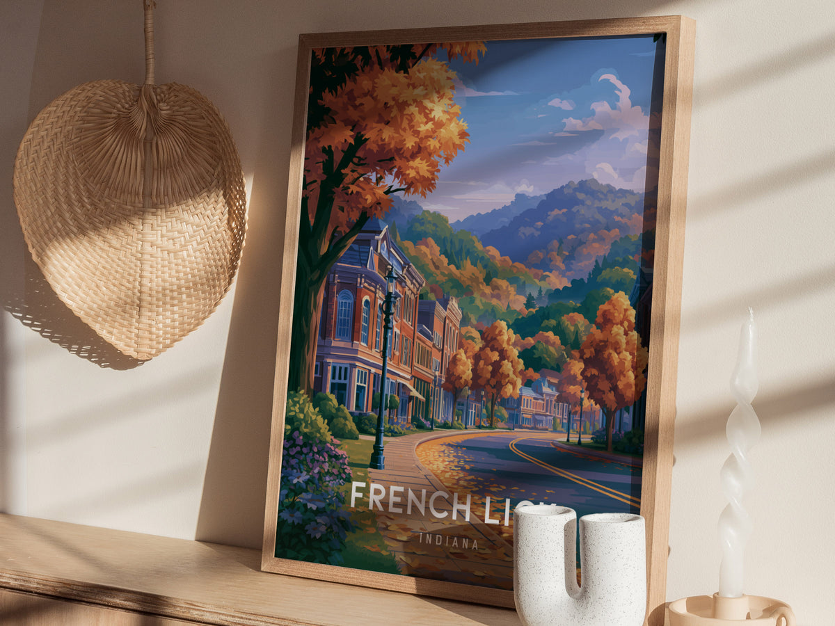 French Lick, Indiana Poster | Historic Springs Resort Town Wall Art — styled in a modern interior