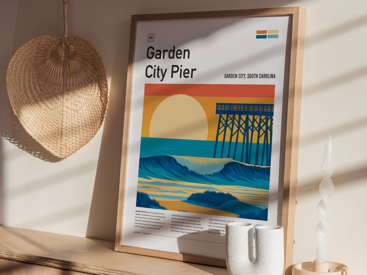 Garden City Pier, Garden City, South Carolina Poster | Surf Waves & Coastal Pier Wall Art — styled in a modern interior