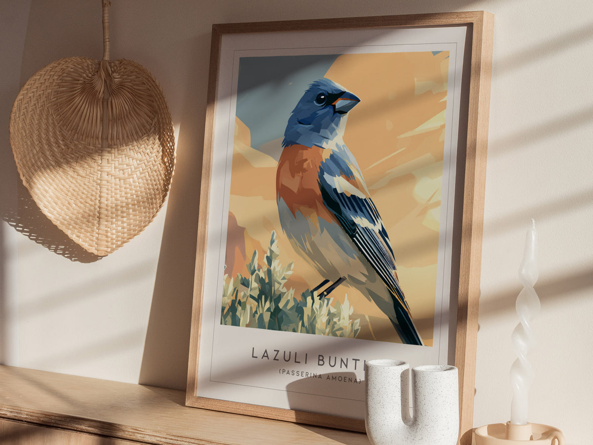 Lazuli Bunting, Passerina amoena Poster | Vibrant Songbird Nature Poster Wall Art — styled in a modern interior