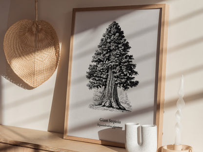 Giant Sequoia Poster | Vintage Sequoiadendron Giganteum Botanical Illustration Wall Art — styled in a modern interior