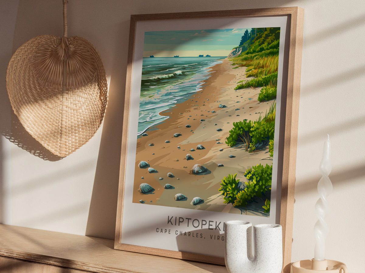 Kiptopeke Matte Border Poster | Cape Charles, Virginia Coastal Beach Decor — styled in a modern interior