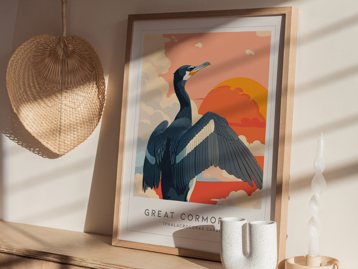Great Cormorant, Phalacrocorax carbo Poster | Elegant Coastal Bird Wall Art — styled in a modern interior