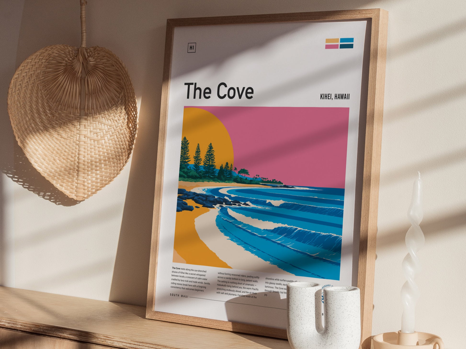 The Cove, Hawaii Poster | Tropical Surf Paradise Cove Wall Art — styled in a modern interior