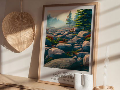 Hickory Run Boulder Field Matte Border Poster | Poconos, Pennsylvania Travel Wall Art — styled in a modern interior