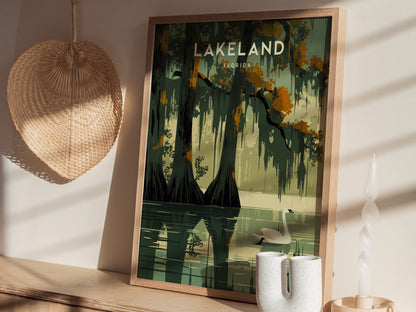 A framed poster of Lakeland, Florida, featuring a serene lakeside scene with trees and a swan, is displayed on a wooden shelf beside a woven basket and a decorative candle.
