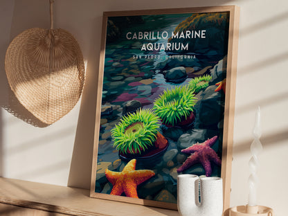 Cabrillo Marine Aquarium, California Poster | Ocean Discovery & Tide Pool Wall Art — styled in a modern interior