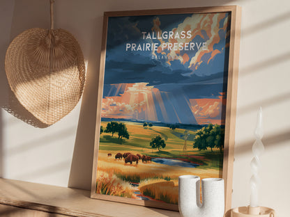Tallgrass Prairie Preserve, Oklahoma Poster | Golden Plains & Bison Framed or Unframed Wall Art — styled in a modern interior
