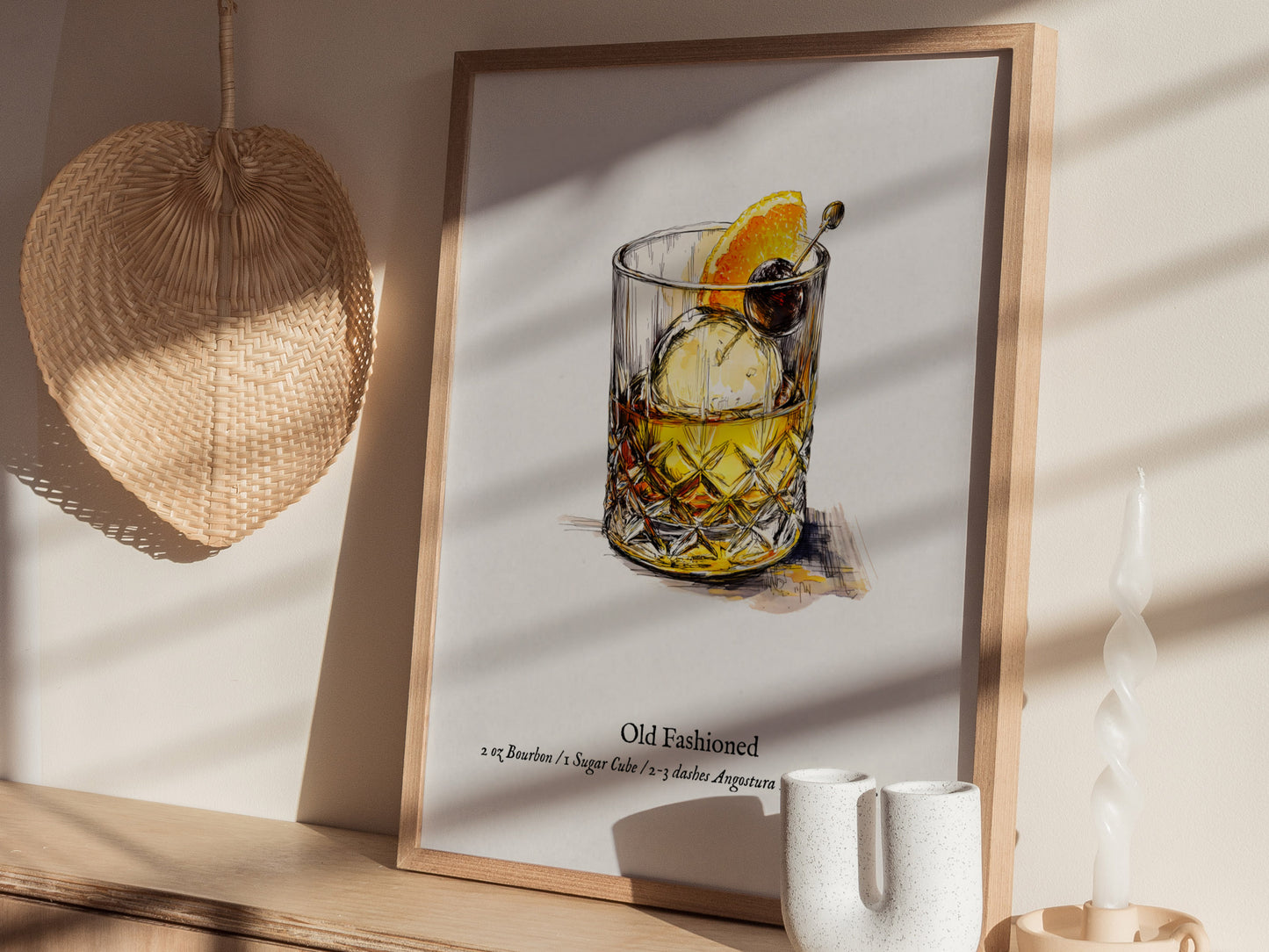 Old Fashioned Cocktail Poster | Vintage Pen & Ink Scientific Illustration Wall Art — styled in a modern interior
