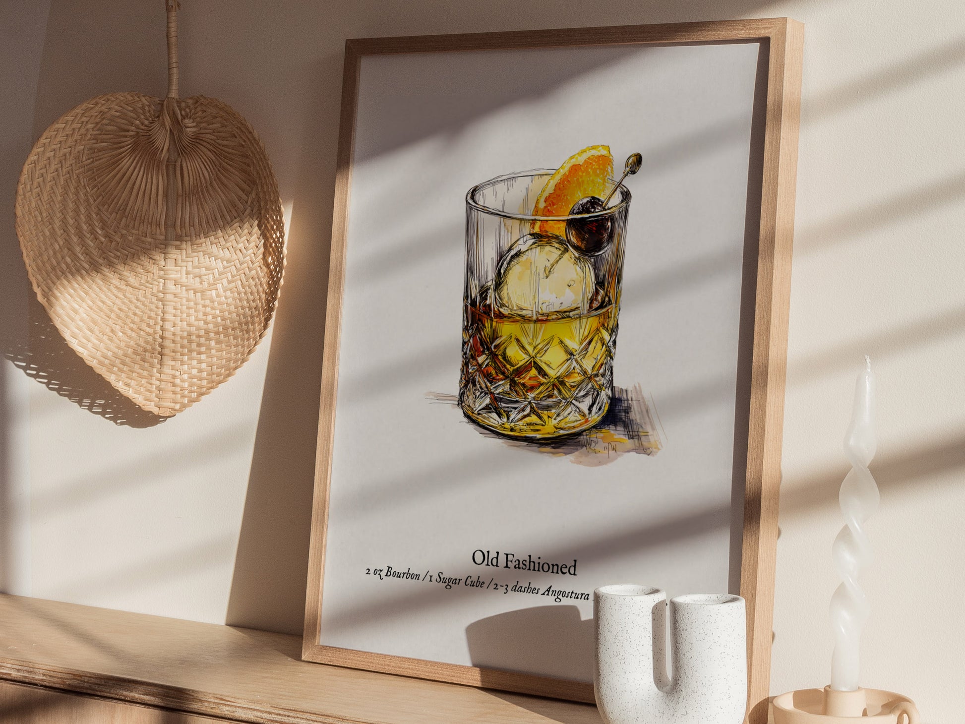 Old Fashioned Cocktail Poster | Vintage Pen & Ink Scientific Illustration Wall Art — styled in a modern interior