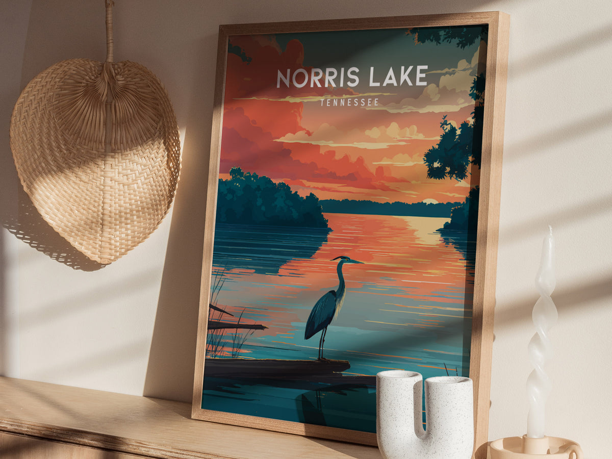 Norris Lake, Tennessee Poster | Lakeside Mountain Retreat Destination Print Wall Art — styled in a modern interior