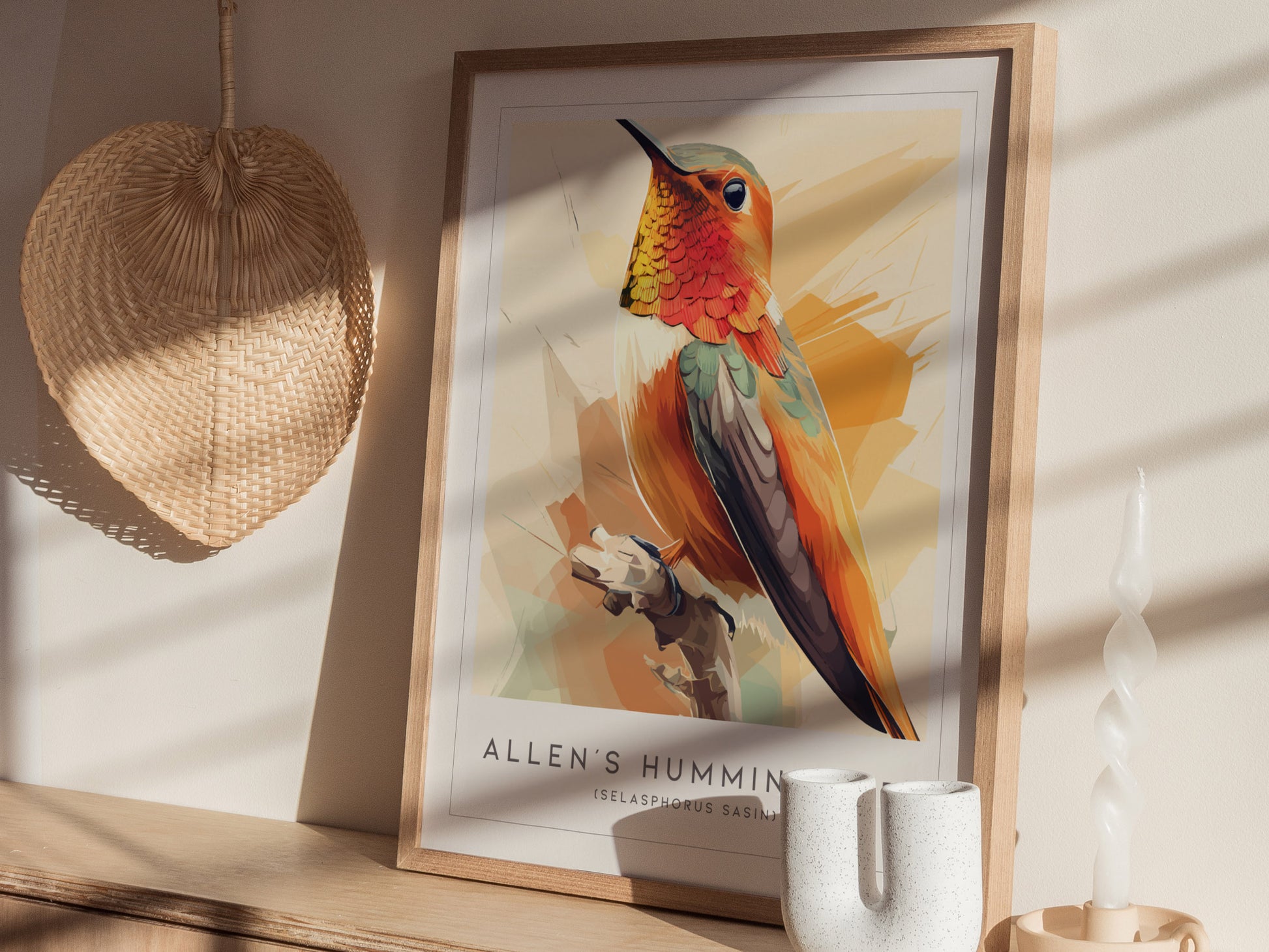 Allen's Hummingbird Poster | Jeweled Garden Pollinator Fine Wall Art — styled in a modern interior