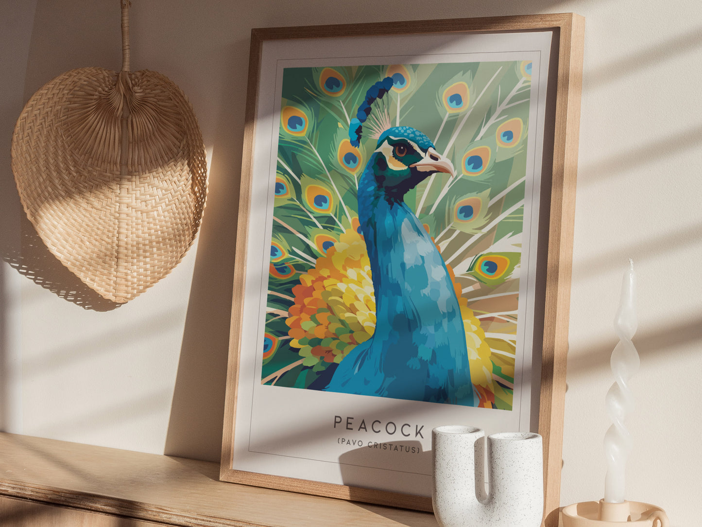A framed artwork of a vibrant peacock stands on a table, surrounded by soft shadows and natural light.