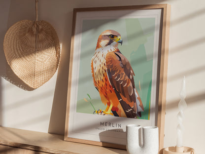 Merlin Bird Poster | Compact Falcon in Flight Wall Art — styled in a modern interior