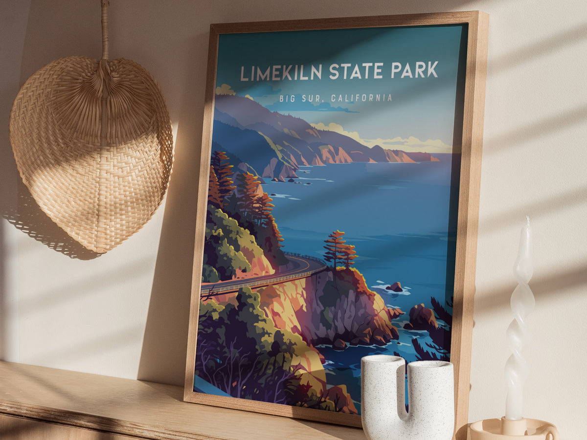 Limekiln State Park, Big Sur, California Poster | Redwoods & Coastal Cliffs Destination Print Wall Art — styled in a modern i
