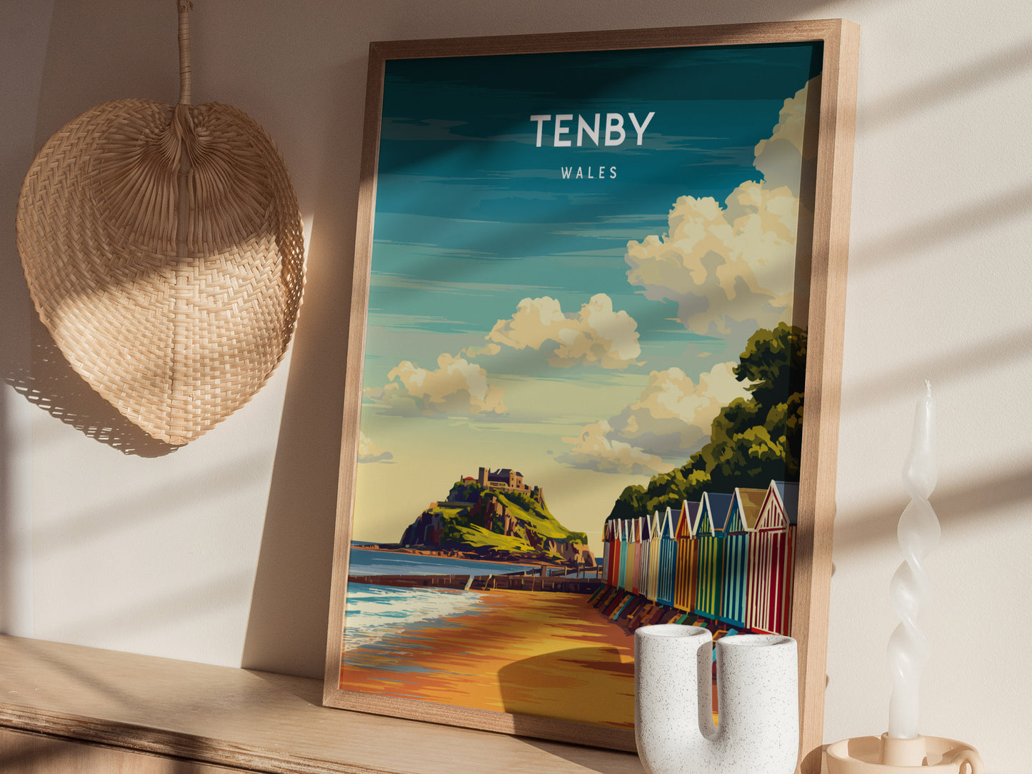 Tenby, Wales Poster | Pastel Harbour & Coastal Cliffs Wall Art — styled in a modern interior