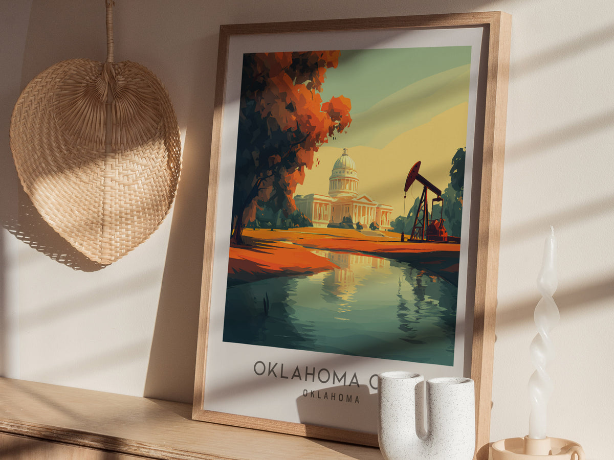 Oklahoma City Matte Border Poster | Oklahoma Destination Print Travel Wall Art — styled in a modern interior