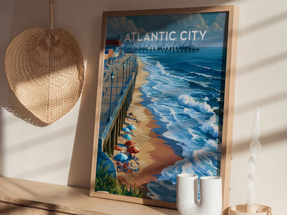 Atlantic City, New Jersey Poster | Boardwalk & Steel Pier Coastal Wall Art — styled in a modern interior