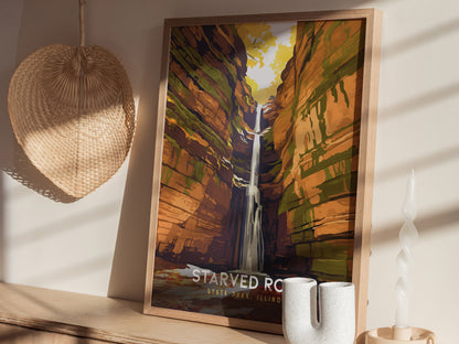 Starved Rock State Park, Illinois Poster | Canyon Waterfall Destination Print Wall Art — styled in a modern interior