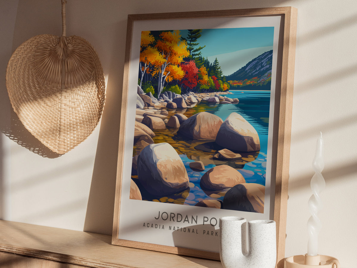 Jordan Pond Matte Border Poster | Acadia National Park, Maine Destination Print — styled in a modern interior