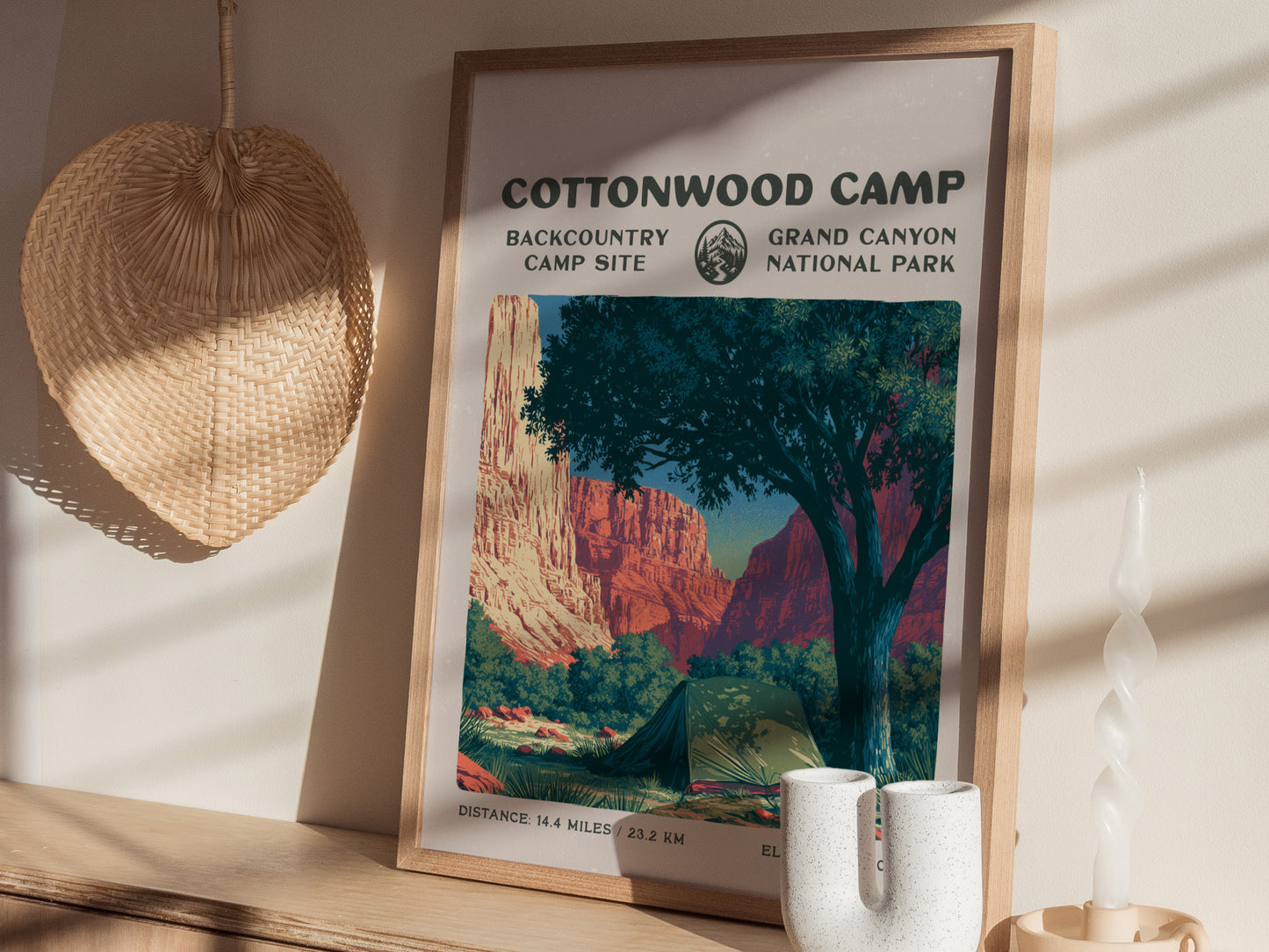Cottonwood Camp, Grand Canyon National Park Poster | Camper Gift | Backcountry Canyon Trail Wall Art — styled in a modern int