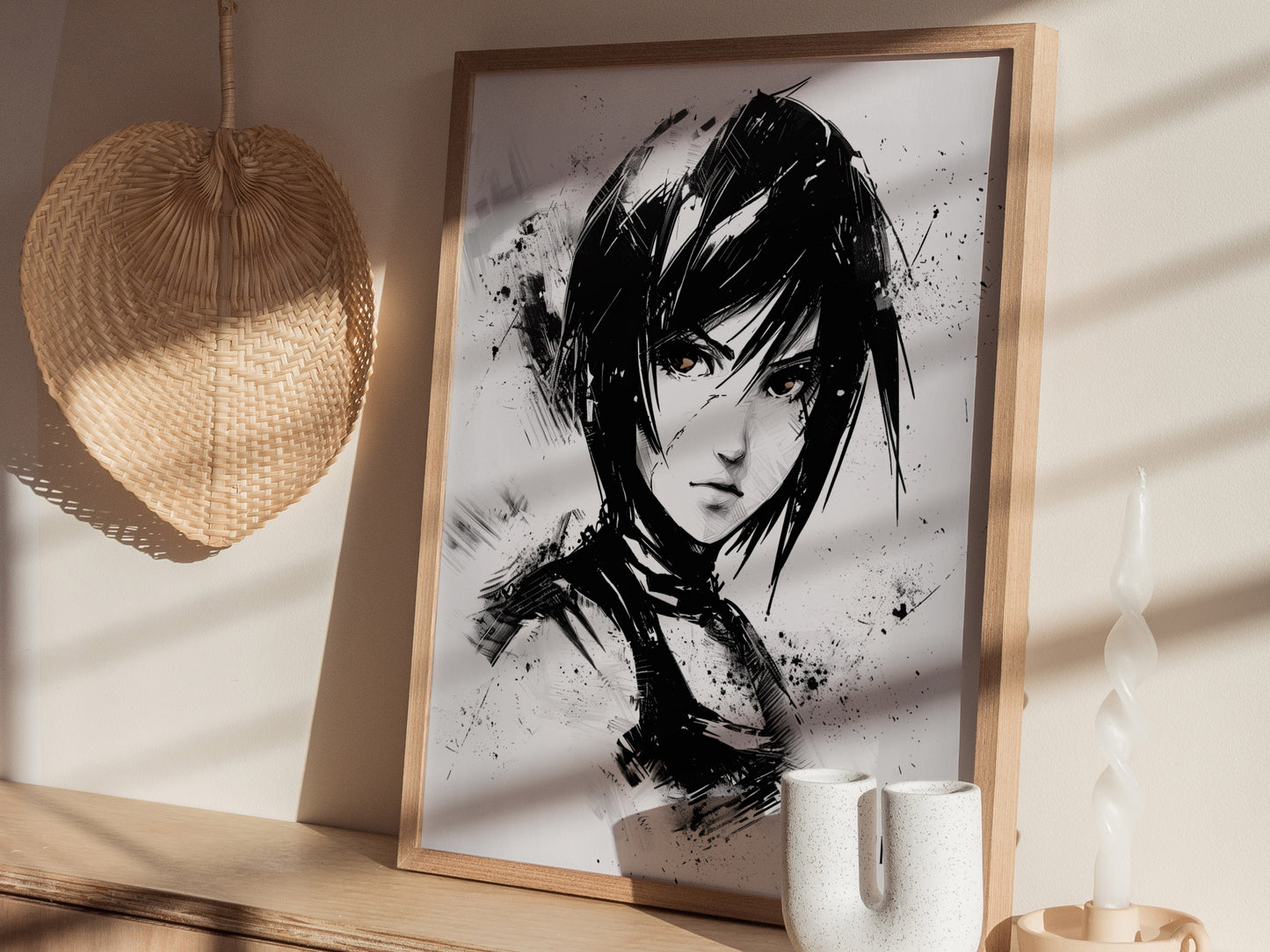 Framed Yuffie Final Fantasy VII wall art hanging above a gaming setup