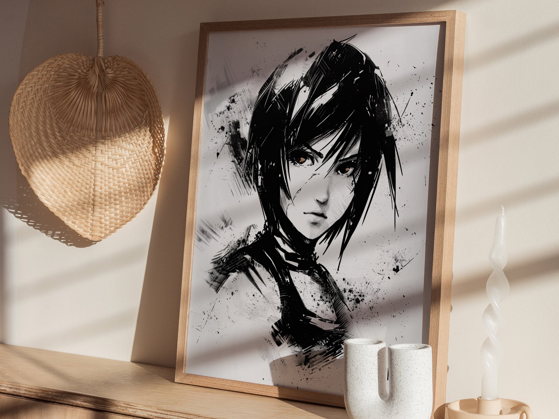 Framed Yuffie Final Fantasy VII wall art hanging above a gaming setup