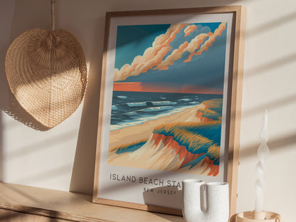 Island Beach State Park Matte Border Poster | New Jersey Beach House Decor Travel Wall Art — styled in a modern interior