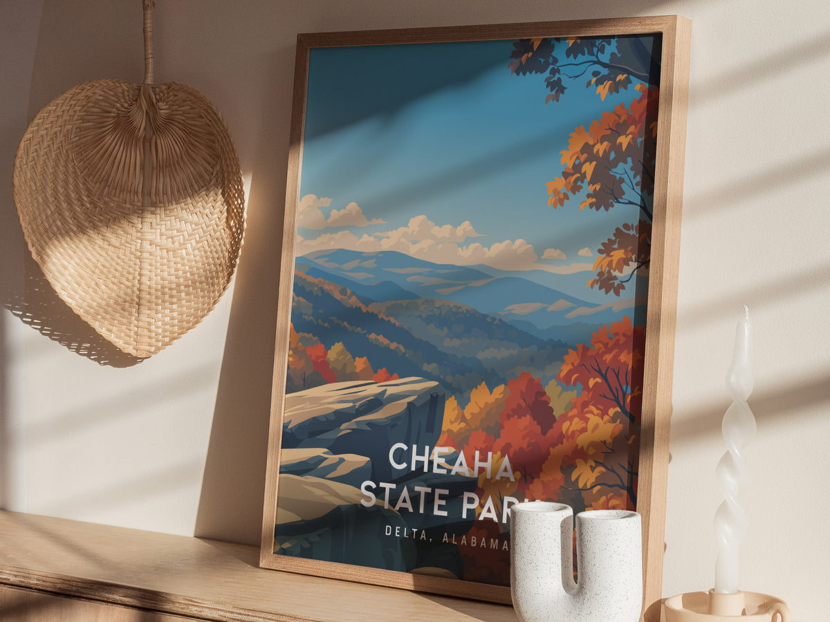 Cheaha State Park, Delta, Alabama Poster | Mountain Overlook Wilderness Wall Art — styled in a modern interior