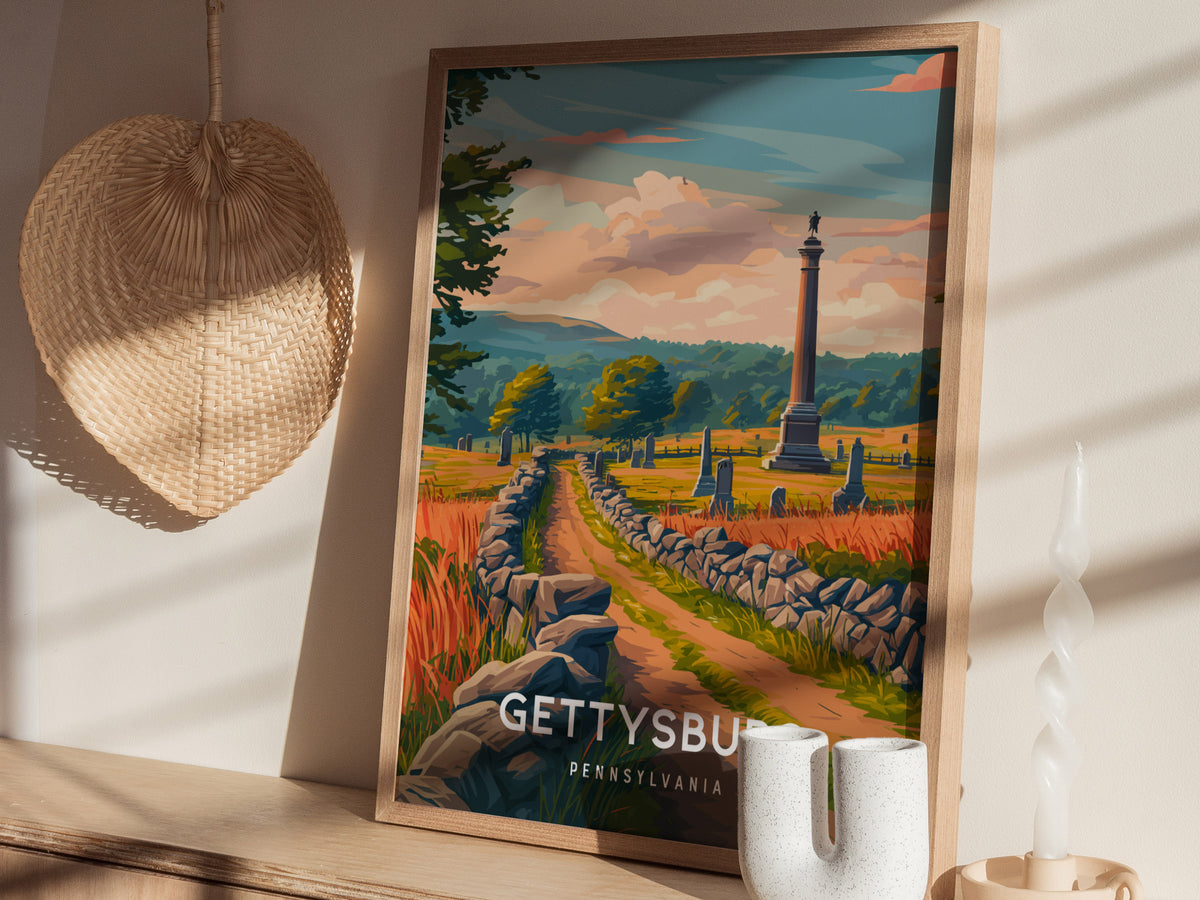 Gettysburg, Pennsylvania Poster | Historic Battlefield & Monument Travel Gift Wall Art — styled in a modern interior