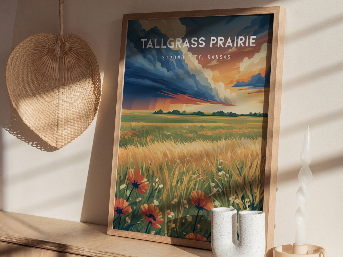 Tallgrass Prairie, Strong City, Kansas Poster | Golden Plains Travel Wall Art — styled in a modern interior