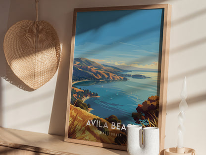 Avila Beach, California Poster | Golden Shore & Pier Coastal Wall Art — styled in a modern interior