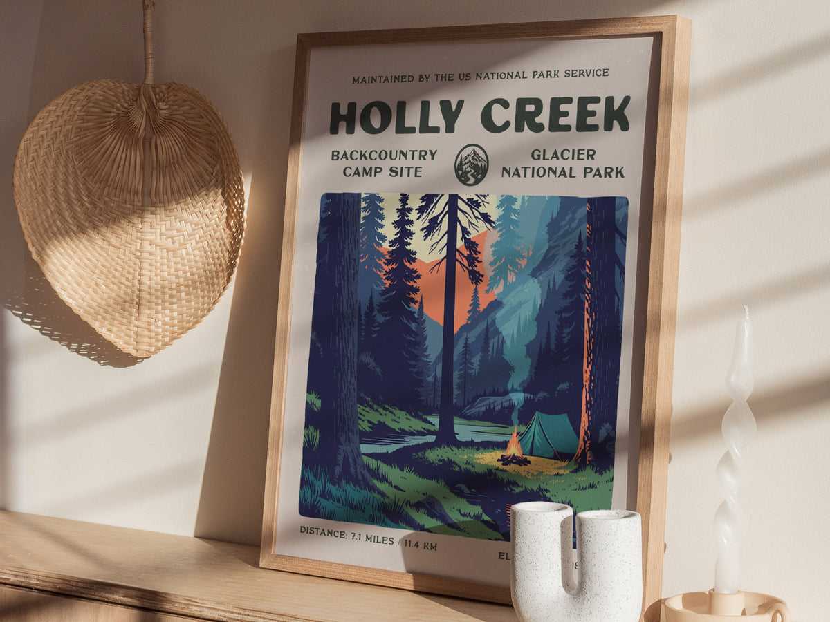 Holly Creek, Glacier National Park Poster | Hiker Gift | Backcountry Trail Wall Art — styled in a modern interior