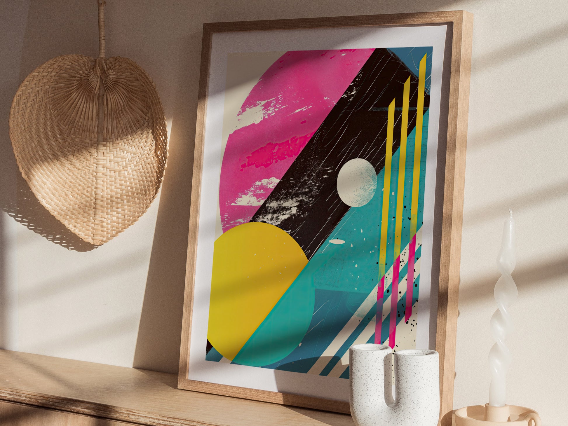 A framed 1980s abstract poster displays vibrant geometric shapes and bold colors, including pink, yellow, and blue. Its placed on a wooden shelf alongside a woven wall decoration and candle.