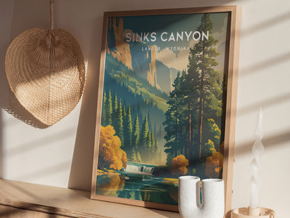 Sinks Canyon, Lander, Wyoming Poster | Wild River & Canyon Cliffs Destination Print — styled in a modern interior