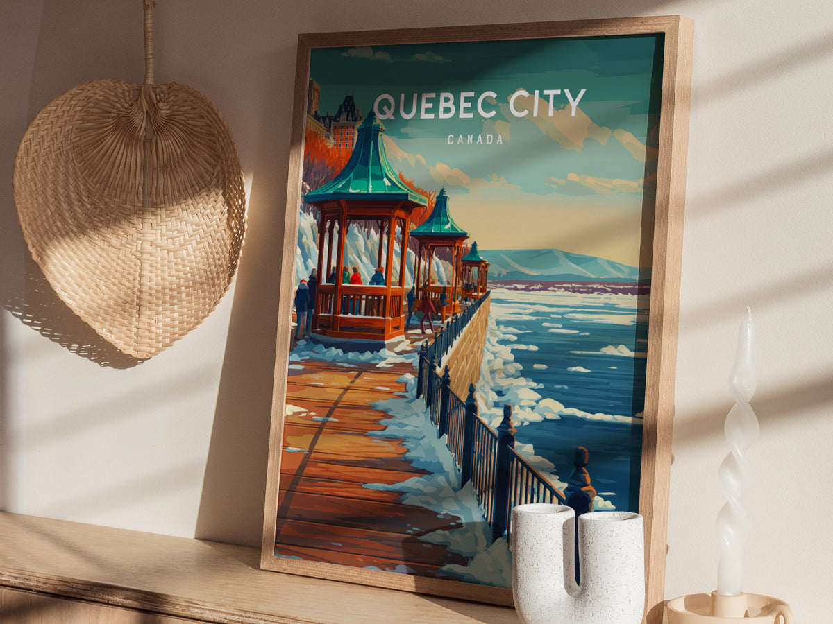 Quebec City, Canada Poster | Old World Charm Cobblestone Streets Wall Art — styled in a modern interior