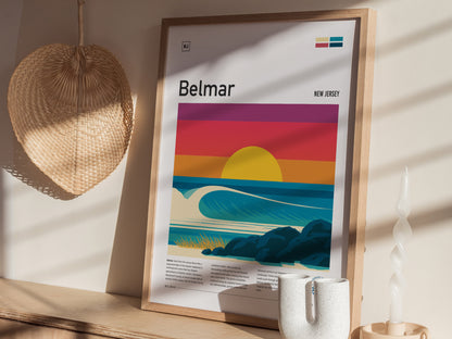 Belmar, New Jersey Poster | Surf & Boardwalk Coastal Wall Art — styled in a modern interior
