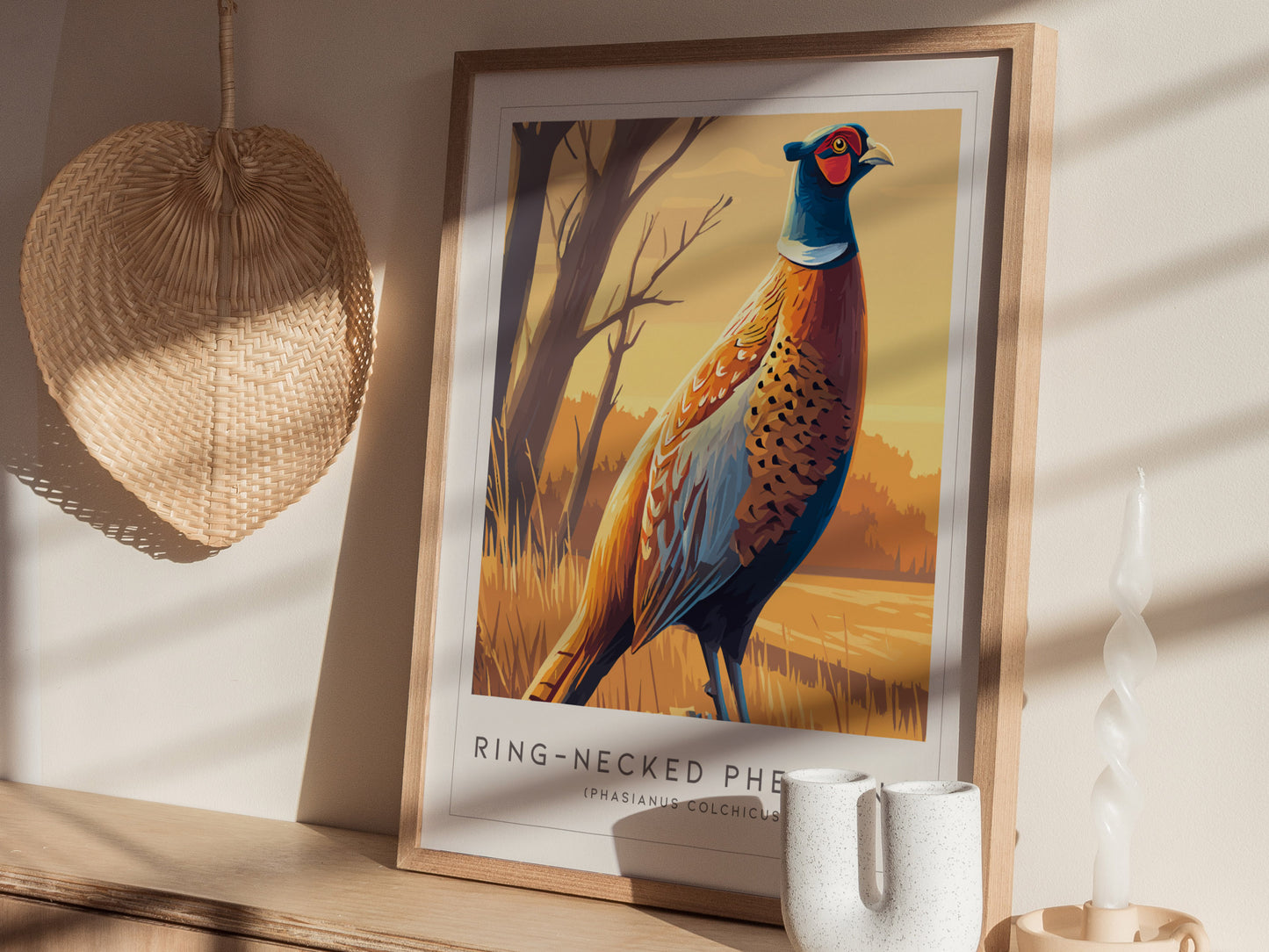 Ring-necked Pheasant Poster | Vibrant Gamebird Wildlife Art Wall Art — styled in a modern interior